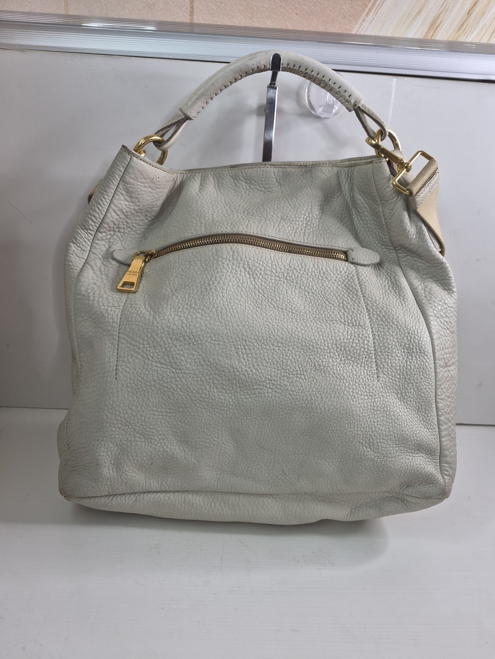 Prada Leather Hobo Tote Bag in Cream with Gold Hardware